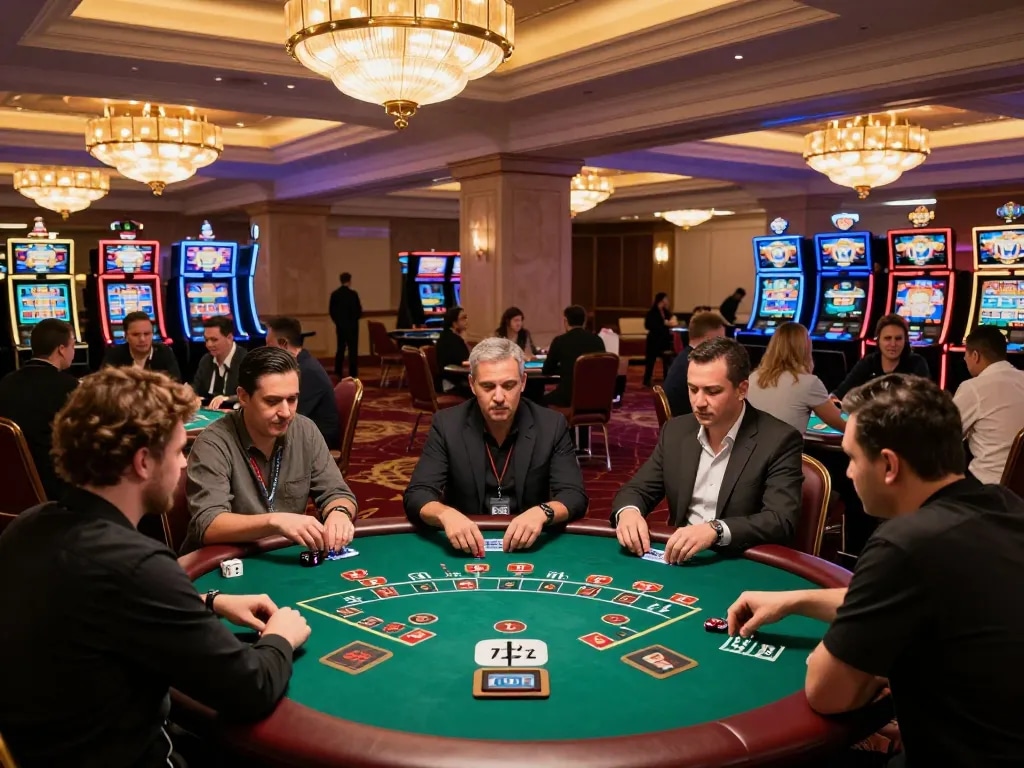 Players strategizing at blackjack tables in a lively casino atmosphere, inspired by keonhacaii88's engaging strategies