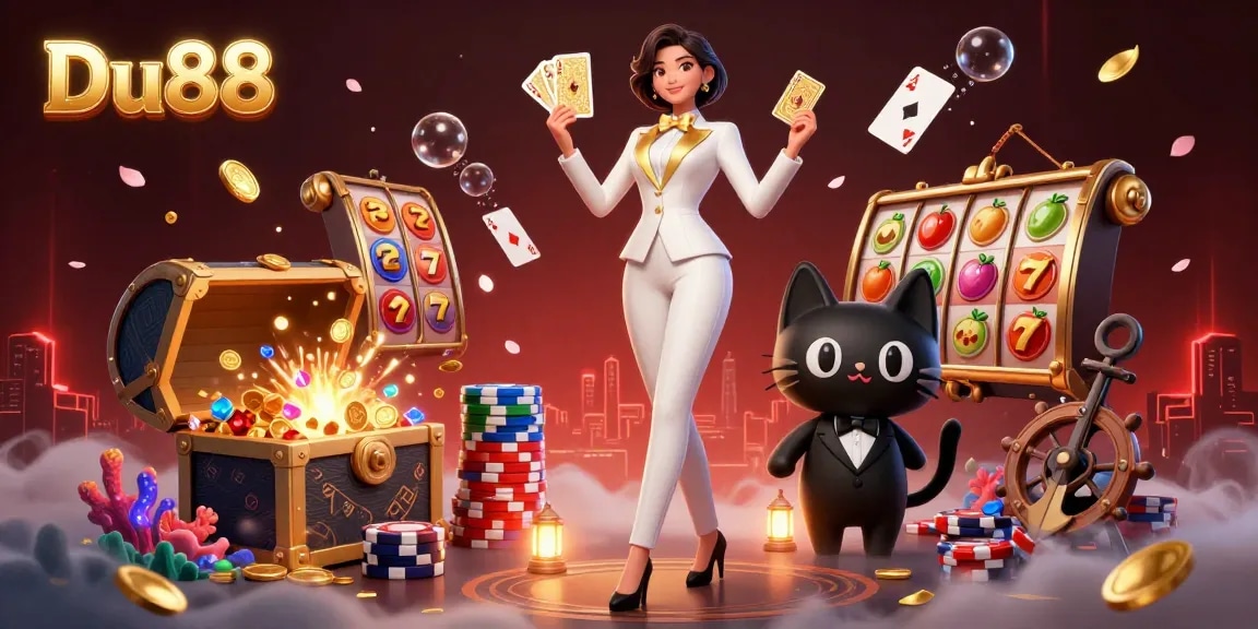 Engage with Du88's exciting slots in this vibrant 3D casino scene featuring glamorous characters.