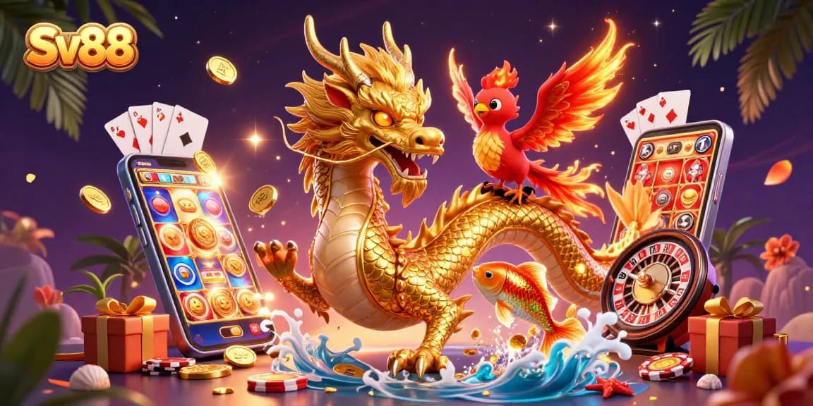Sv88 offers thrilling gaming experiences with a golden dragon, phoenix, and koi fish, surrounded by exciting gambling elements.