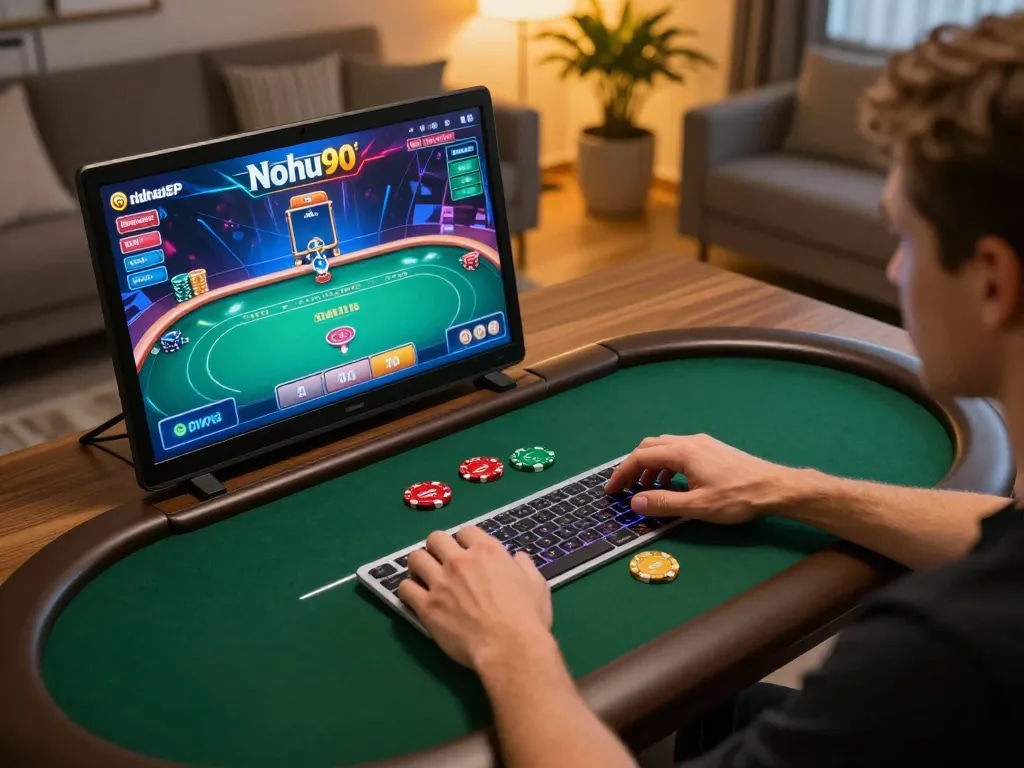 Engaged player at home using Nohu90 for strategic online poker gaming session