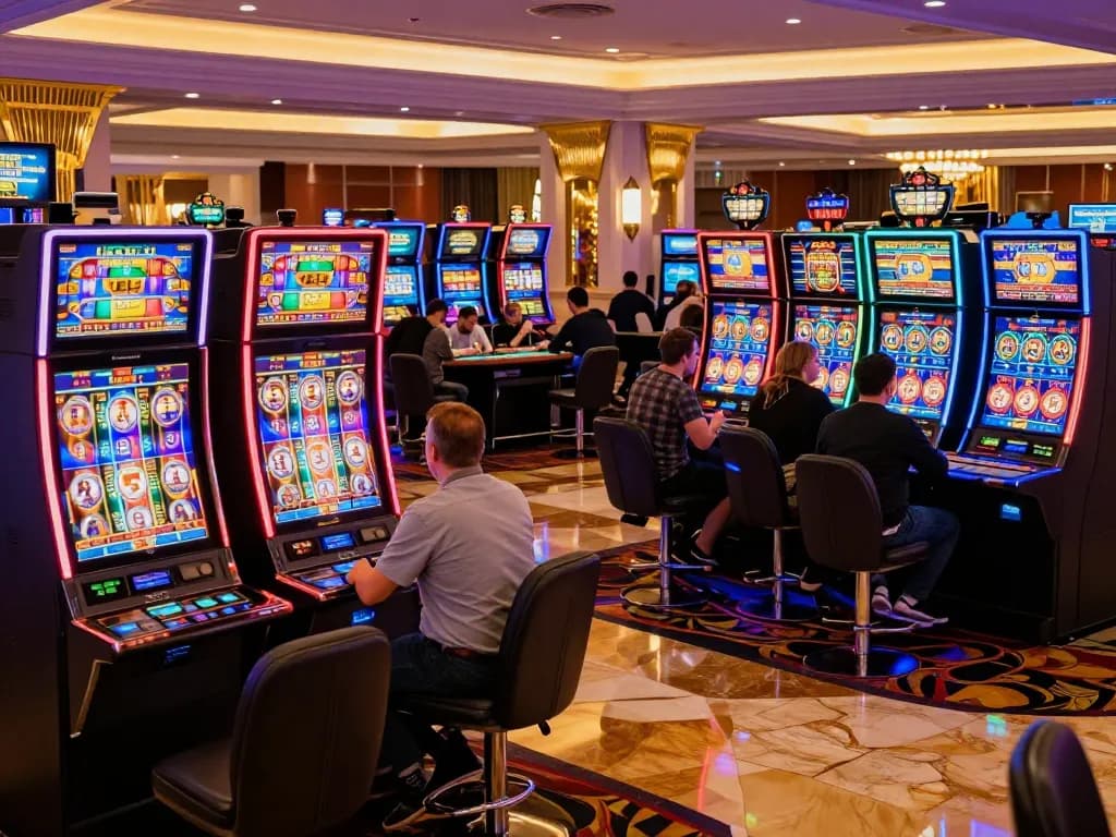 XIBET players enjoying vibrant slot machines in an upscale casino atmosphere