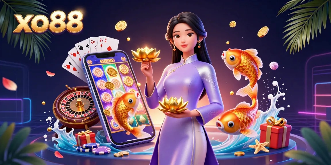 Betting strategies and exciting gameplay await with xo88’s colorful casino illustration of vibrant and engaging slot gaming.