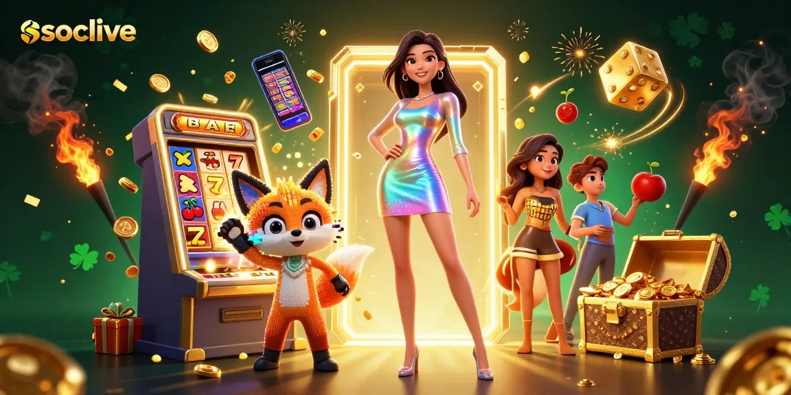 Experience exciting socolive action with a vibrant scene of gambling joy featuring slot machines and golden treasures.