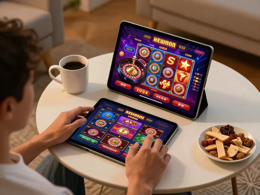 Engaging player enjoying luck8 casino on a tablet, showcasing exciting gambling action in a cozy home.