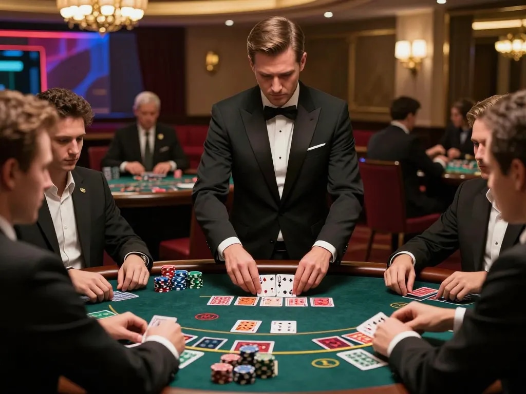 Players engage at a sin888 blackjack table, focusing on strategy and high-stakes gameplay in a luxurious casino.