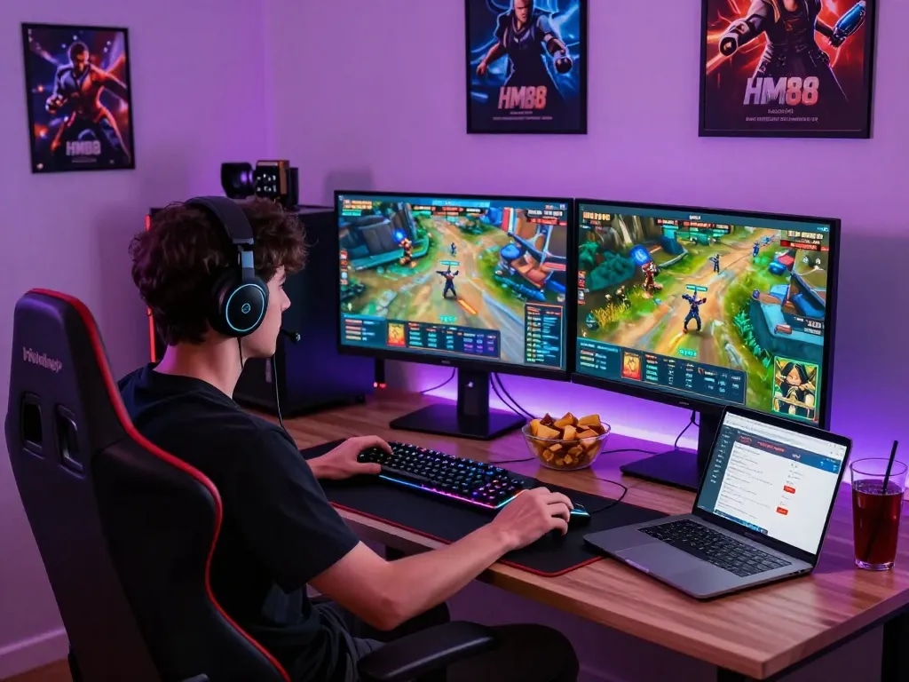Engaged gamer enjoying HM88 online betting experience with vibrant game graphics and gaming accessories.