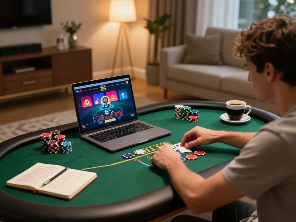 FABET player enjoying an online poker game with strategy notes and coffee in a cozy home environment.