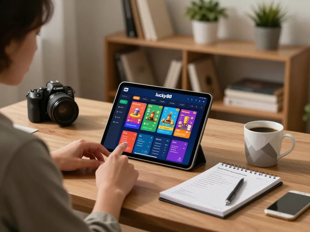 Playing the App lucky88 on a tablet while tracking strategies for responsible gambling.
