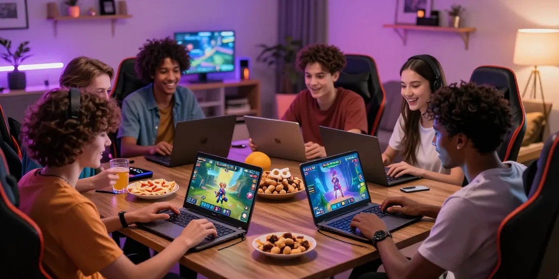 Friends enjoying a multiplayer xxx game in a colorful, immersive gaming environment.