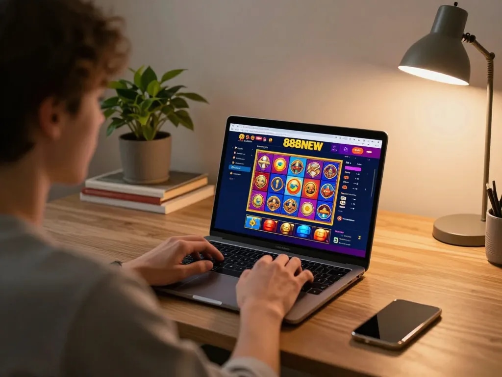 888NEW user's immersive gaming experience on laptop, showcasing colorful slot graphics and cozy setup.