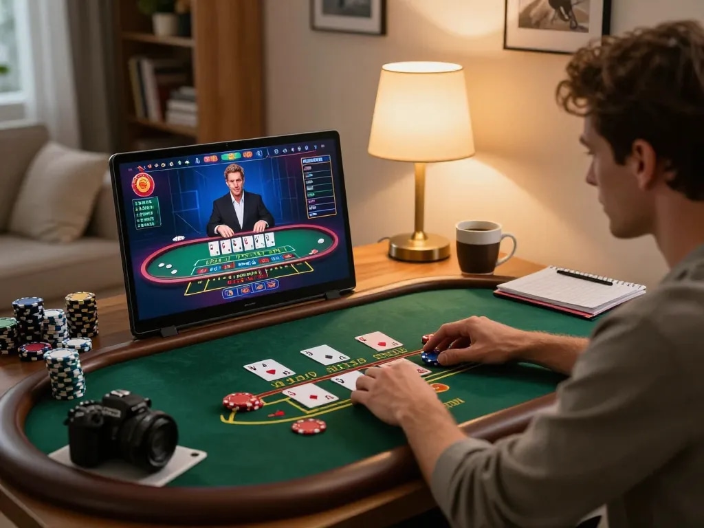 Engaged player using f8betlv for an immersive blackjack experience at home with live dealer.