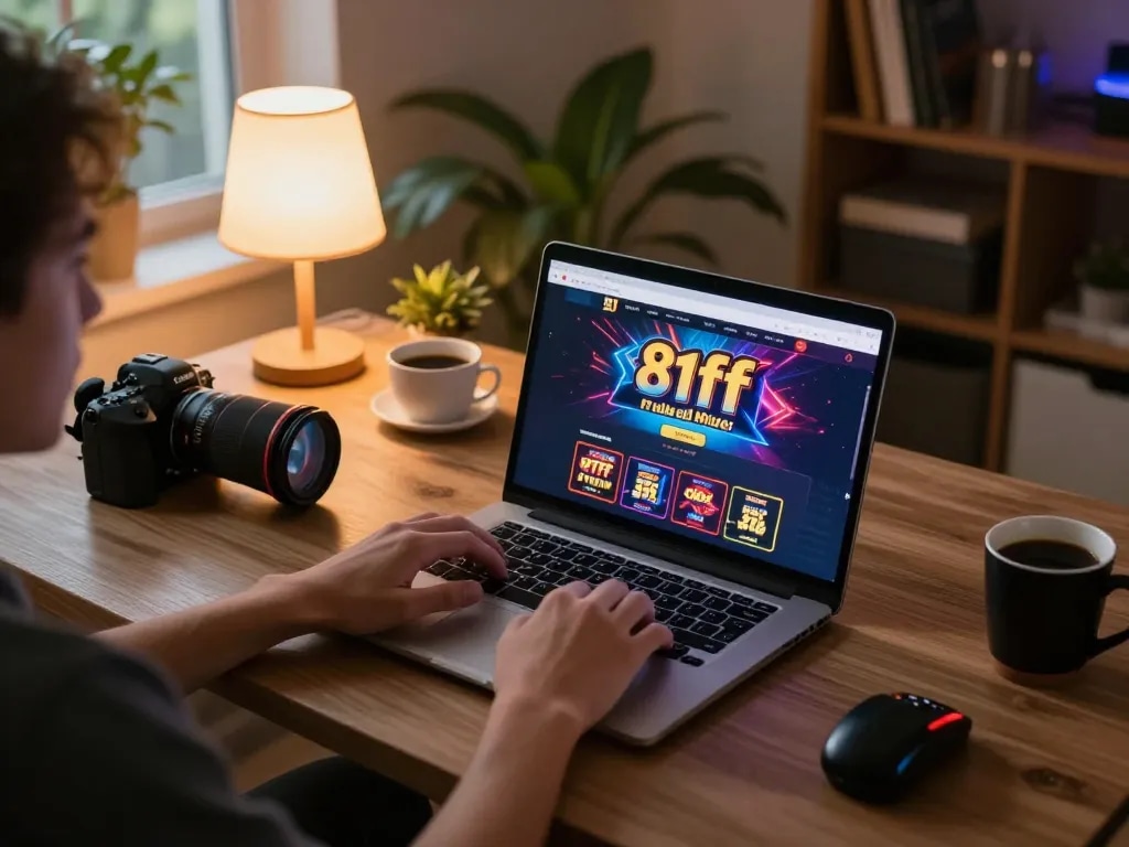 Engaging gameplay on 81ff platform with person playing slots on laptop in cozy home setting.
