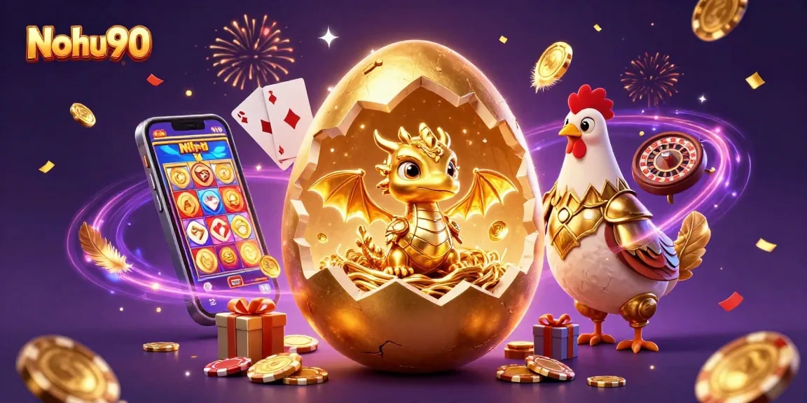 Nohu90 showcases a golden dragon emerging from a poker chip nest, symbolizing winning excitement.