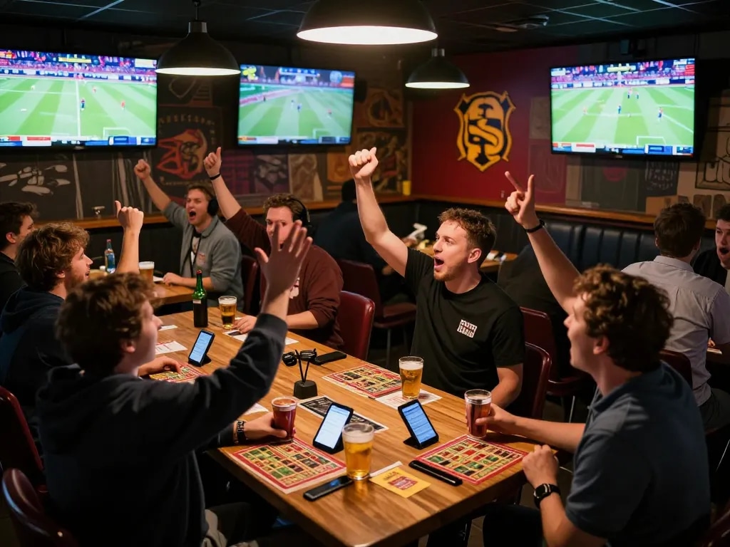 Exciting sports betting scene at 789win with enthusiastic fans watching live games
