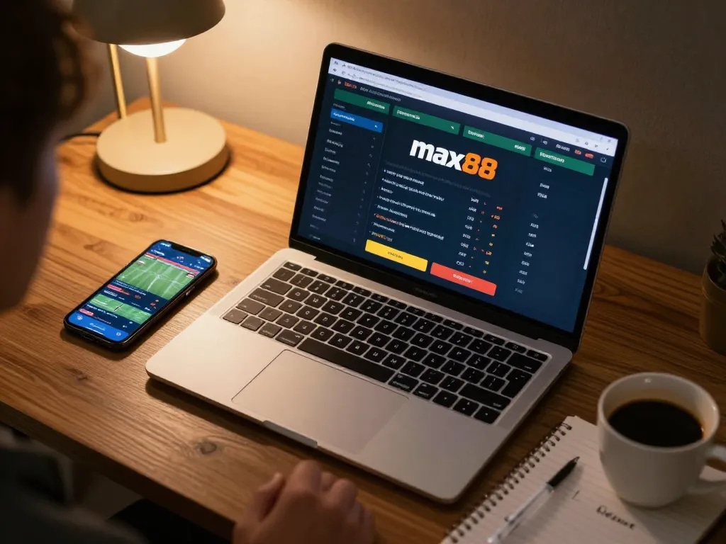 Engaging in max88 online sports betting with an interactive interface and strategic notes nearby