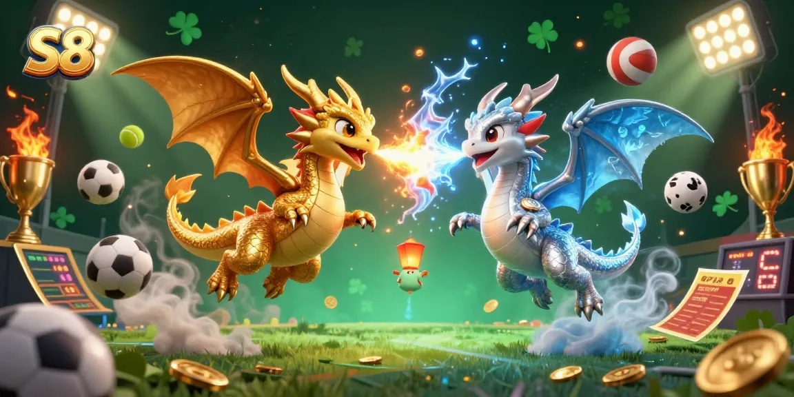 Engage in thrilling sports betting with dynamic S8 illustration featuring dragons and game elements.