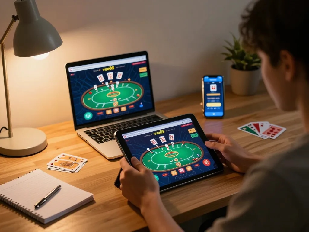 Person engaging in online gaming with the vua88 casino app on tablet, strategic gameplay in action.