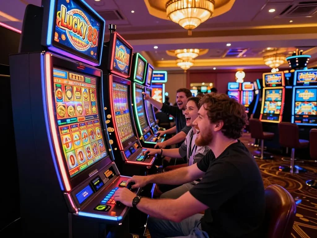 Excited players engaging with the Lucky 88 slot machine in a vibrant casino, capturing the thrill of slots.