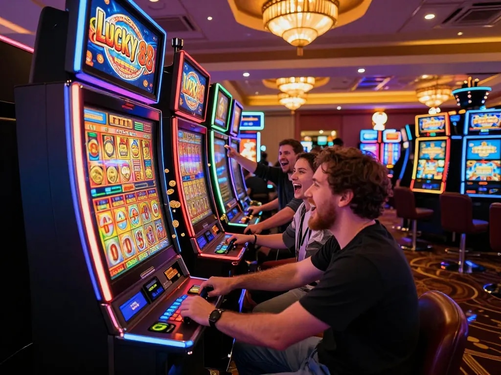 Excited players engaging with the Lucky 88 slot machine in a vibrant casino, capturing the thrill of slots.