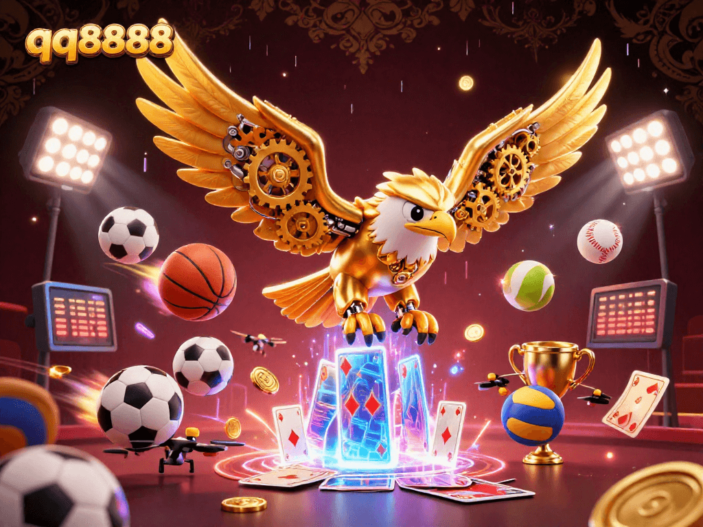Engage with qq8888's vibrant casino experience featuring a golden eagle amidst flying sports elements.