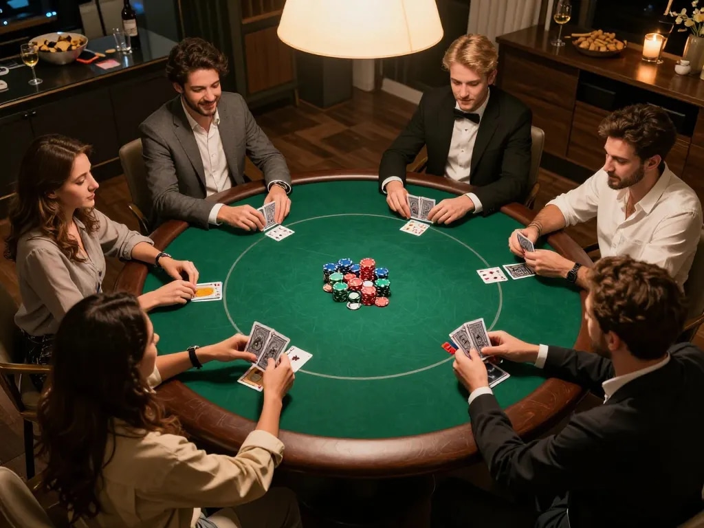 Playing poker with friends at home using App da88 for strategy and bankroll management.