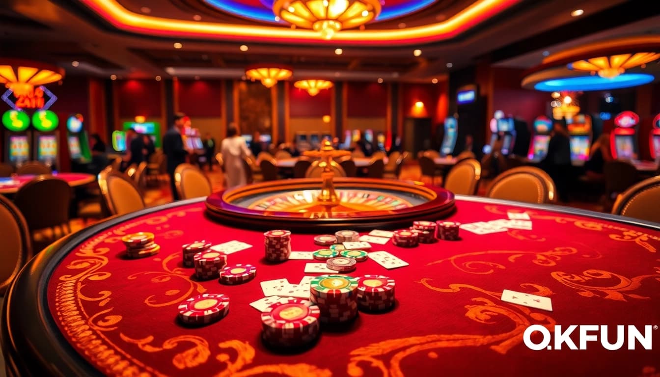 Experience the thrill of OKFUN at a luxurious casino table with vibrant poker chips and cards.