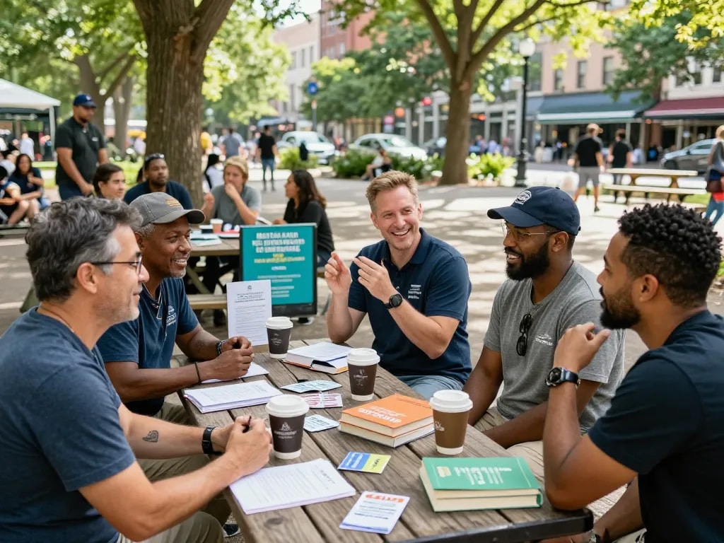 A supportive group of men discussing wellness and mental health at a ManClub gathering in a park.