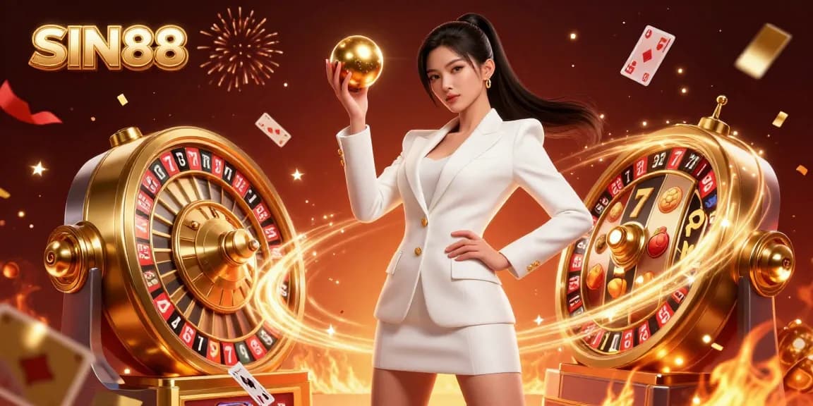 Engage in thrilling gameplay with SIN88 featuring a glamorous Asian woman amidst slot elements and vibrant casino decor.
