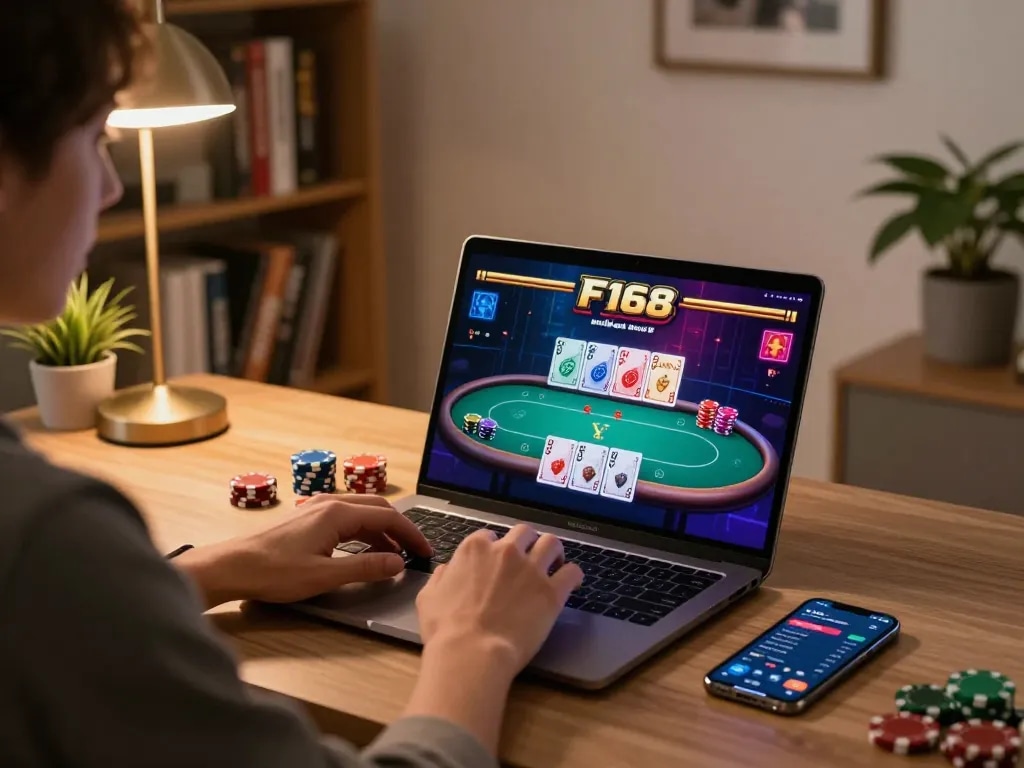 Person enjoying F168 online poker at home with laptop, emphasizing strategic gameplay and responsible gambling.