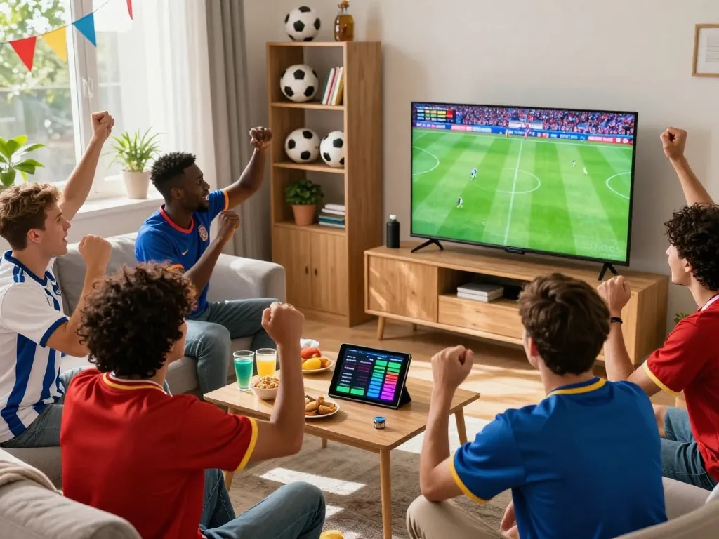 Excited fans engaging during a live soccer match event while following 7m updates.