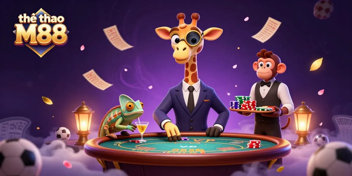 Experience the excitement of thể thao M88 with a vibrant illustration of a giraffe and friends in a dynamic betting scene.