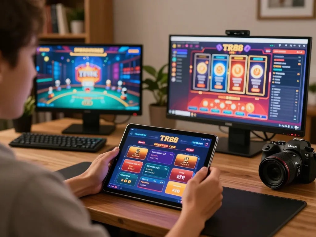 Engaging with TR88 đăng nhập on a tablet in a cozy home gaming setup.