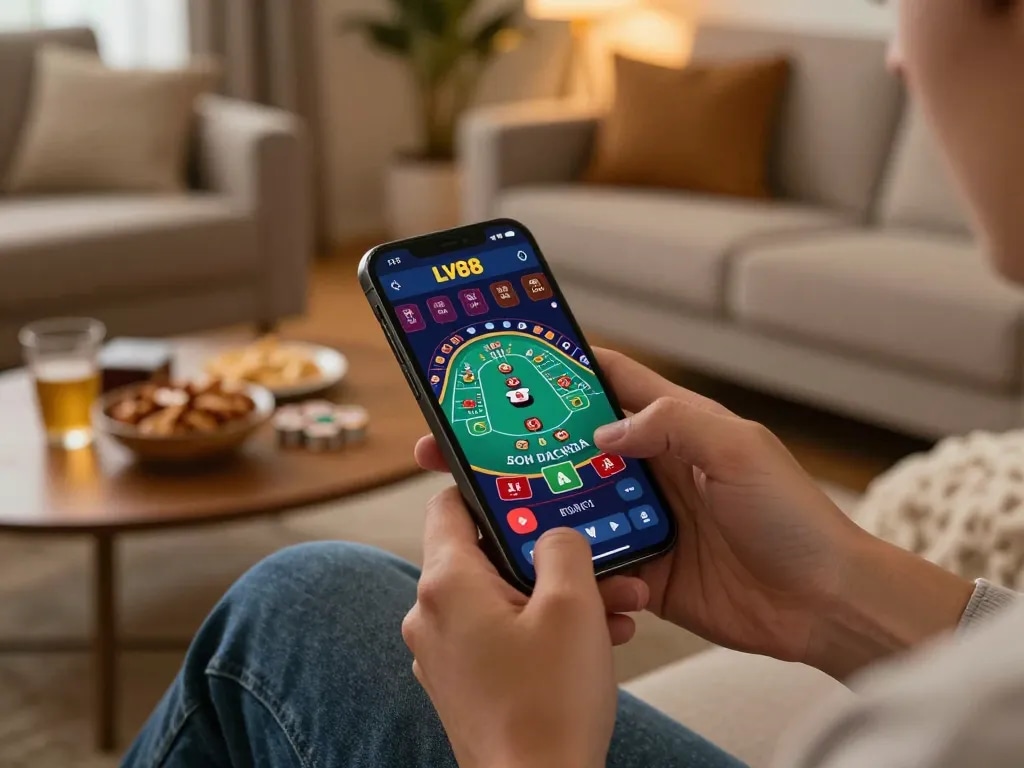 Engaged player using LV88 app on smartphone for strategic gaming in a cozy atmosphere