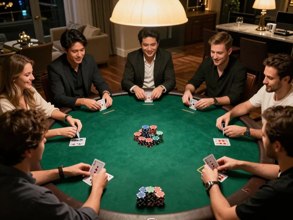 DABET players engaging in a high-stakes poker game at a private gathering, showcasing excitement and camaraderie.