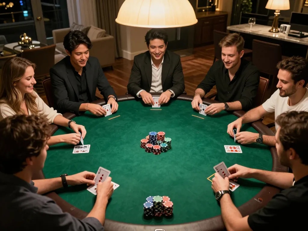 DABET players engaging in a high-stakes poker game at a private gathering, showcasing excitement and camaraderie.