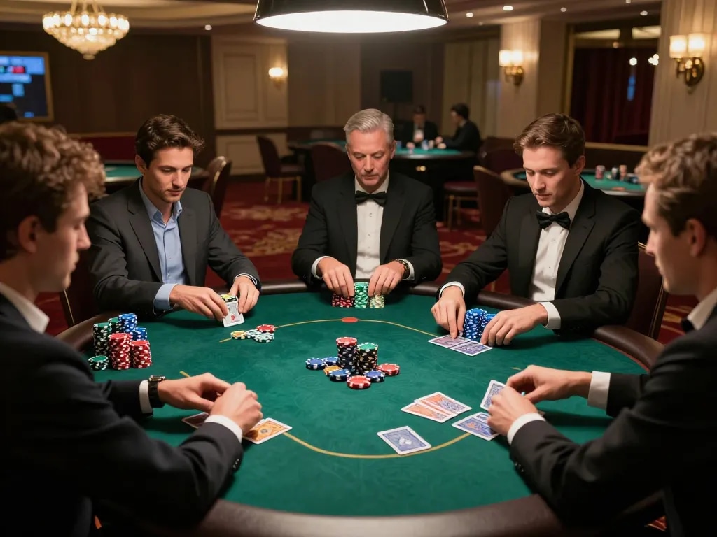 TA88 poker players engaged in a high-stakes game at a luxurious casino table.