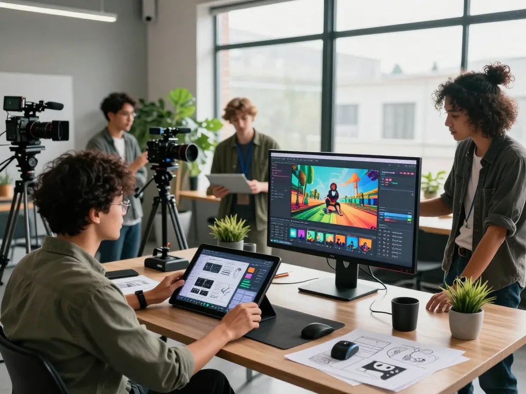 Creative professionals utilizing ai seedance 2.0 in a vibrant video production studio.