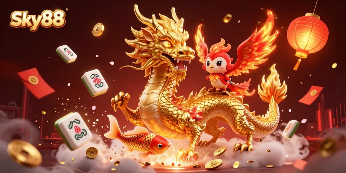 Engage with Sky88's vibrant gaming universe, featuring a golden dragon, phoenix, and koi fish amidst dynamic casino elements.