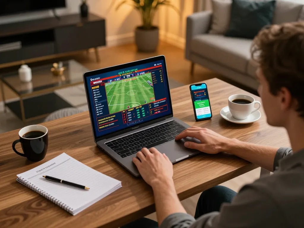 Bongdalu user engaged in live sports betting on laptop, displaying dynamic odds and strategic notes.