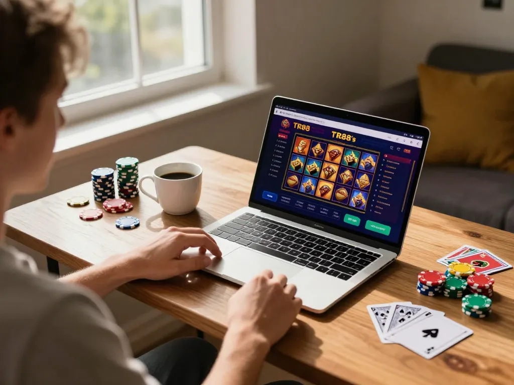 Engaging in TR88 online slots gaming with vibrant atmosphere and cozy desk setup