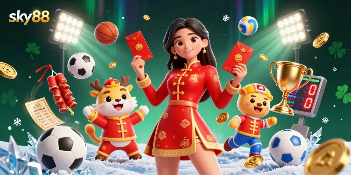 Engage with sky88's vibrant casino scene featuring festive elements, sports, and dynamic gaming action.