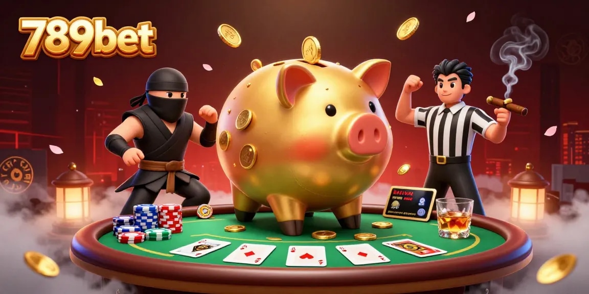 Interact with 789bet's thrilling casino environment featuring a golden piggy bank and colorful poker elements.