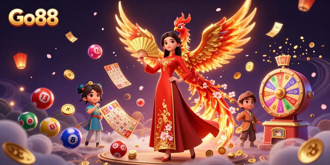 Experience the thrill of Go88 with a vibrant gaming scene featuring a Vietnamese woman, phoenix, and lottery elements.