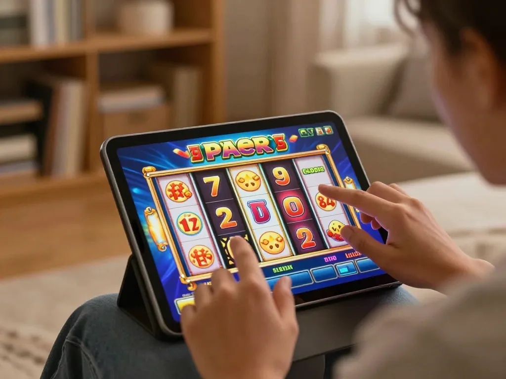 Engaging scene of slot gacor game being played on a tablet, showcasing vibrant reels and a cozy setting.