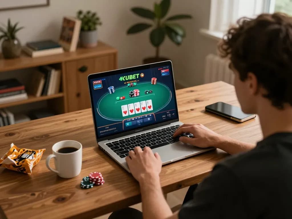 KUBET player enjoying online poker from a cozy home setup with cards on screen