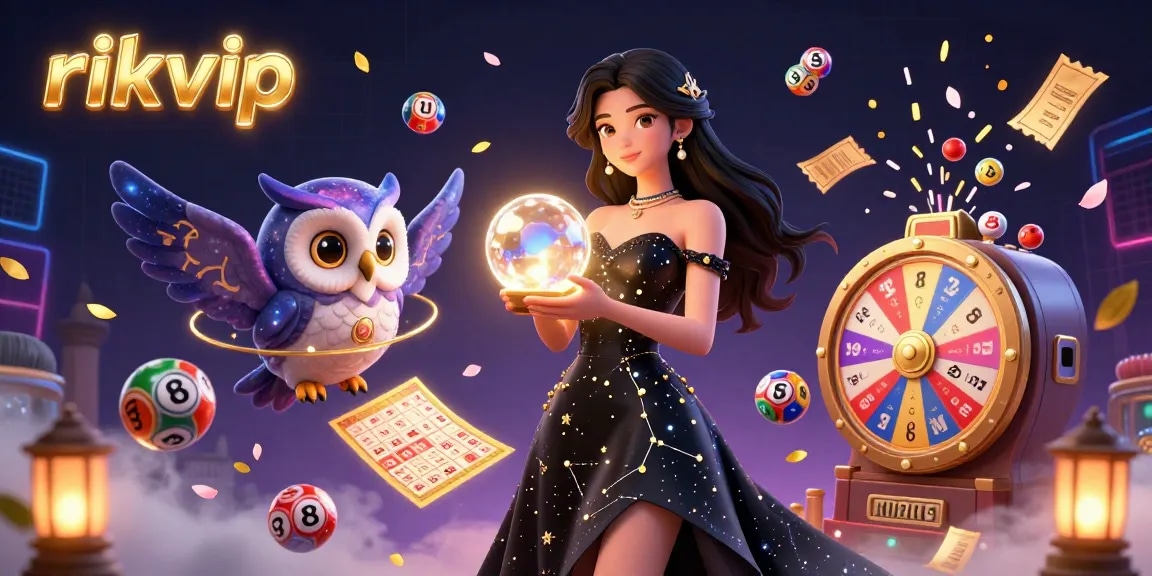 Experience the magic of rikvip with a stunning illustration of a mystical woman and owl, surrounded by vibrant gambling elements.