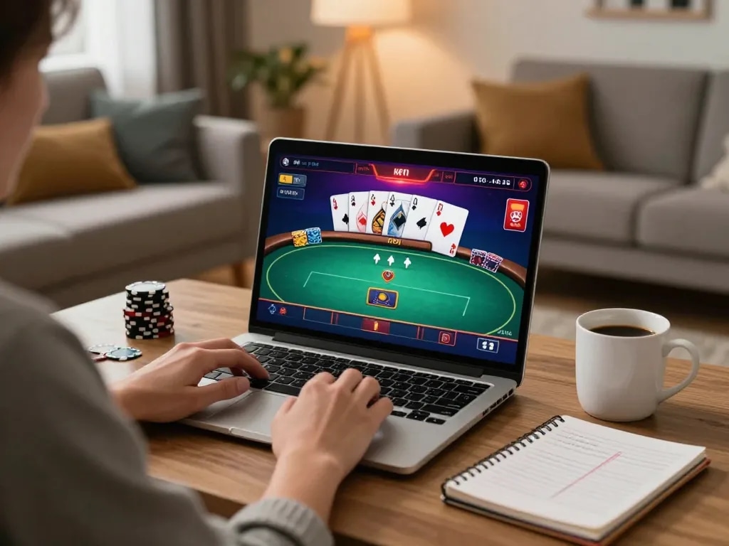 Player enjoying online poker at home with 8LIVE, illustrating a cozy gaming atmosphere and strategic gameplay.