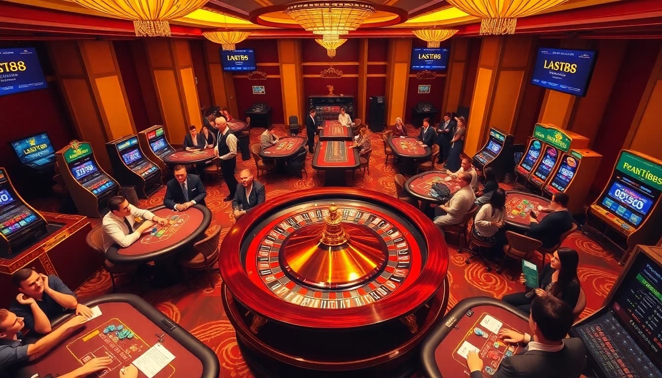 N188 casino gaming excitement with roulette and blackjack tables under warm lighting.