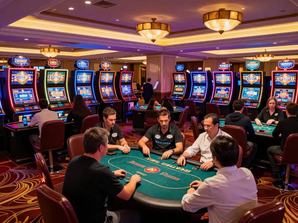 Players enjoying casino games at luck8com, illuminated slot machines in a vibrant setting.