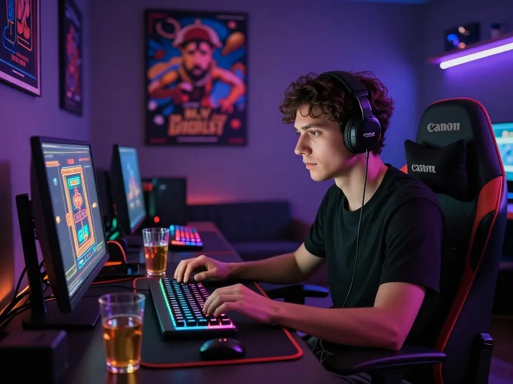 Engaging online casino experience with MM88 player in neon-lit gaming setup.